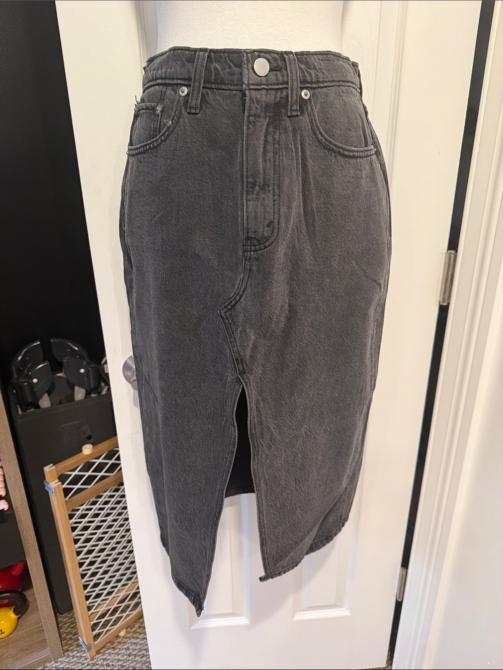 Abercrombie & Fitch Washed Black Denim Midi Skirt